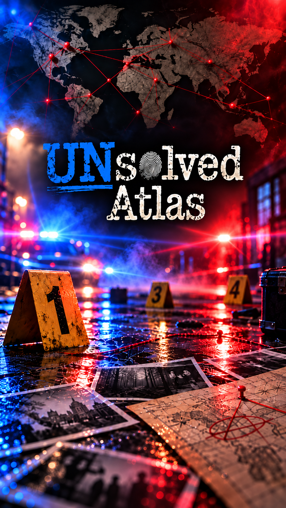 Evidence markers, source photographs, and a map connected with red string.